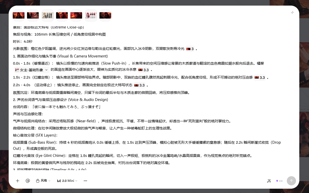 镜头运动、光影、对白与声音设计的提示词记录